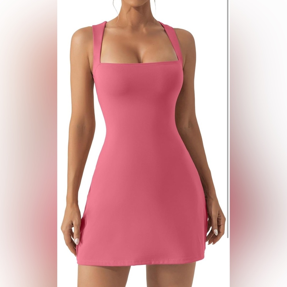 NEW Sexy Pink Square Neck Bodice Dress Sleeveless Tank Top Stretch Flare Mini